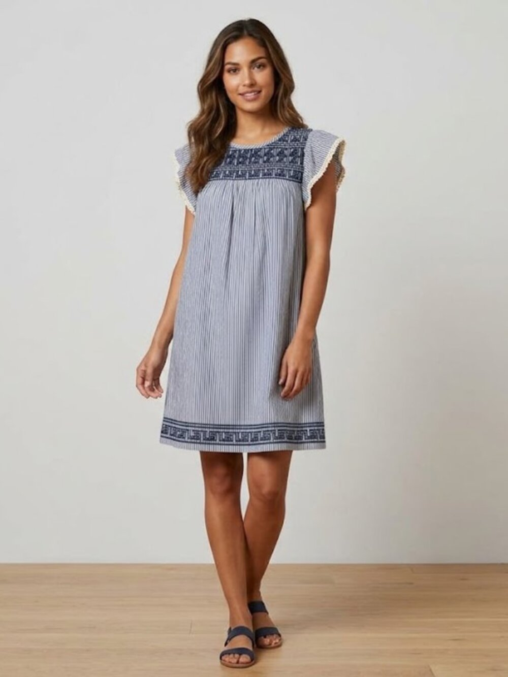 THML Navy & White Striped Smocked Women’s Dress Medium